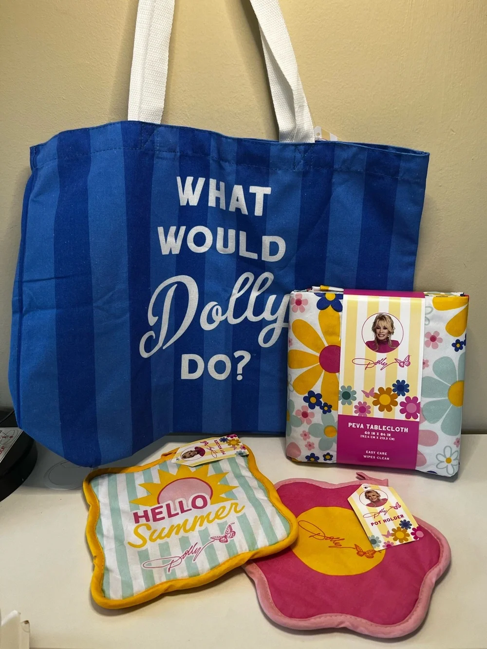 Dolly Parton What Would Dolly Do? Blue Stripe Tote Vinyl Tablecloth Pot Holders